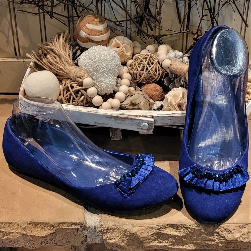 Damita K Jackie-31 Royal Blue Velvet Ruffle Trim Flats (Size 10)
